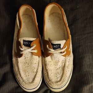 Sperry Floral Cream and Brown Boat Shoes